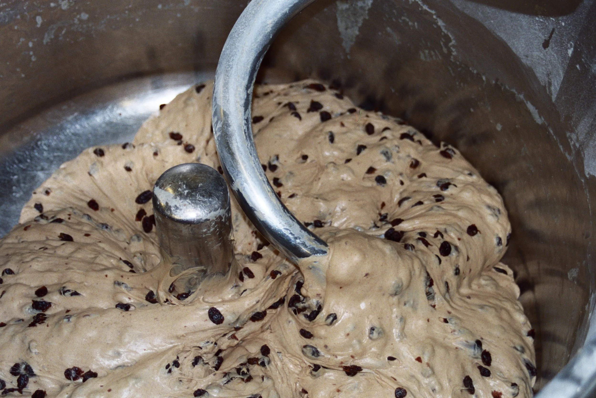 Cinnamon raisin dough in the mixer